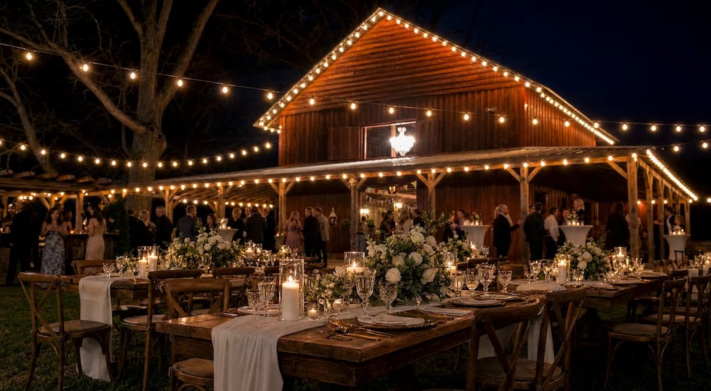 Outdoor wedding reception under a lit wooden barn with decorated tables, string lights, and white floral centerpieces at night