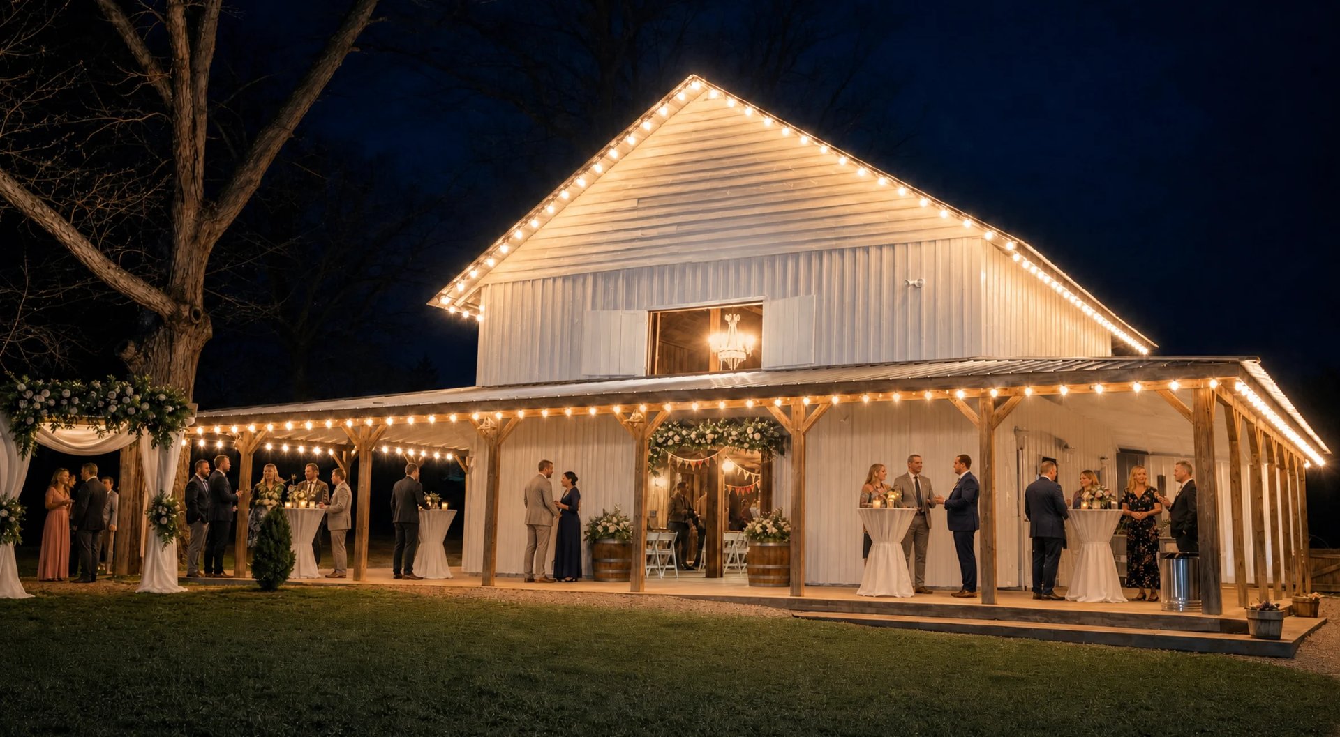 Illuminated white farmhouse at night with guests gathered on the wraparound porch, decorated with warm string lights and greenery