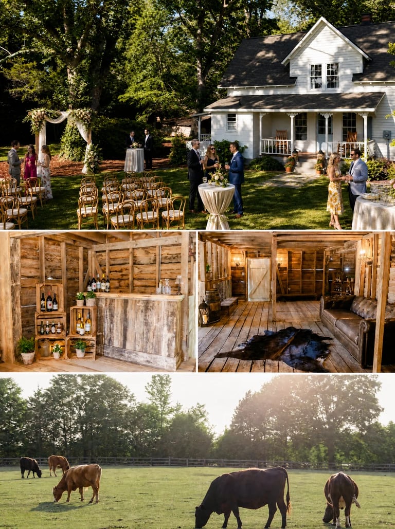Collage showing rustic farm wedding venue with white farmhouse, outdoor ceremony setup, wooden barn interior, and grazing horses in pasture