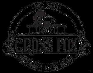 Cross Fox Wedding and Event Venue logo featuring a barn with tree, established 2023, flanked by fox illustrations