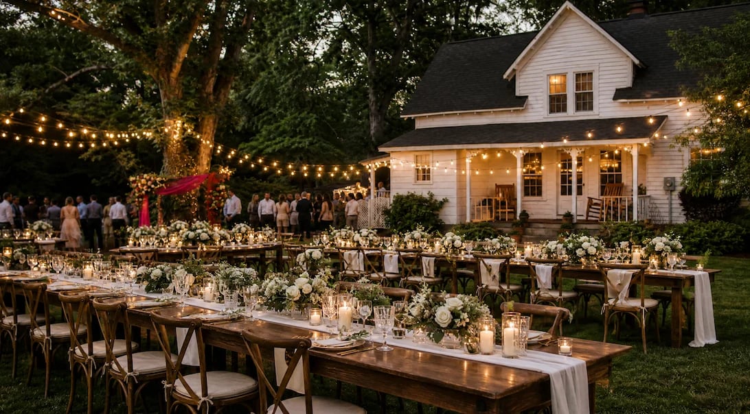 Elegant outdoor evening wedding reception with long tables, floral centerpieces, string lights, and farmhouse backdrop