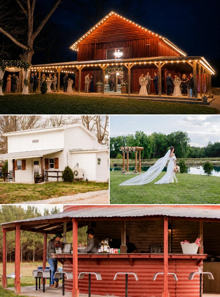 Rustic barn wedding venue with illuminated buildings, outdoor reception setup with bride in white dress, and red farm bar counter
