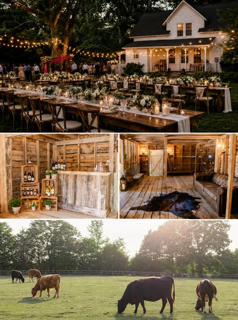 Collage of rustic wedding venue showing outdoor reception with string lights, white farmhouse, wooden barn interior, and grazing cattle on meadow