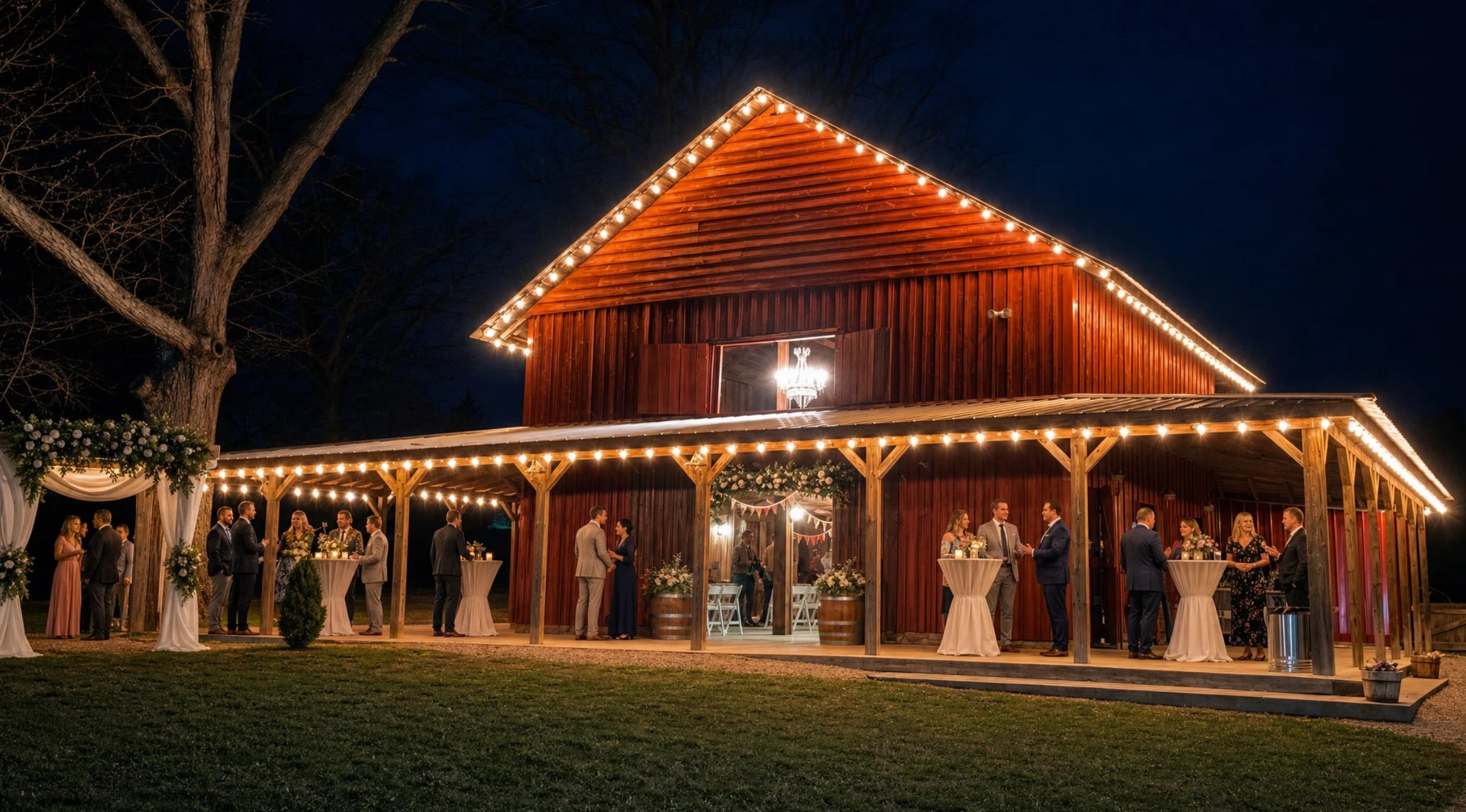 Illuminated rustic barn decorated with warm lights at night, with silhouettes of people inside visible through open doors and windows