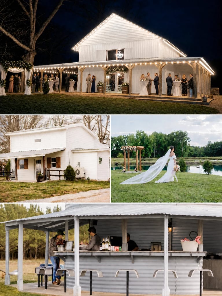 Collage of four barn venue photos: illuminated white barn at night, rustic farmhouse exterior, bride with veil in field, and outdoor bar with covered seating
