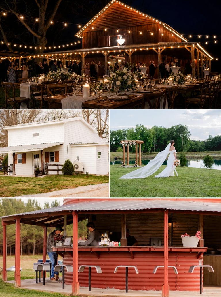Collage of rustic barn wedding venue photos showing illuminated barn reception, white farmhouse, bride with long veil on lawn, and red concession stand