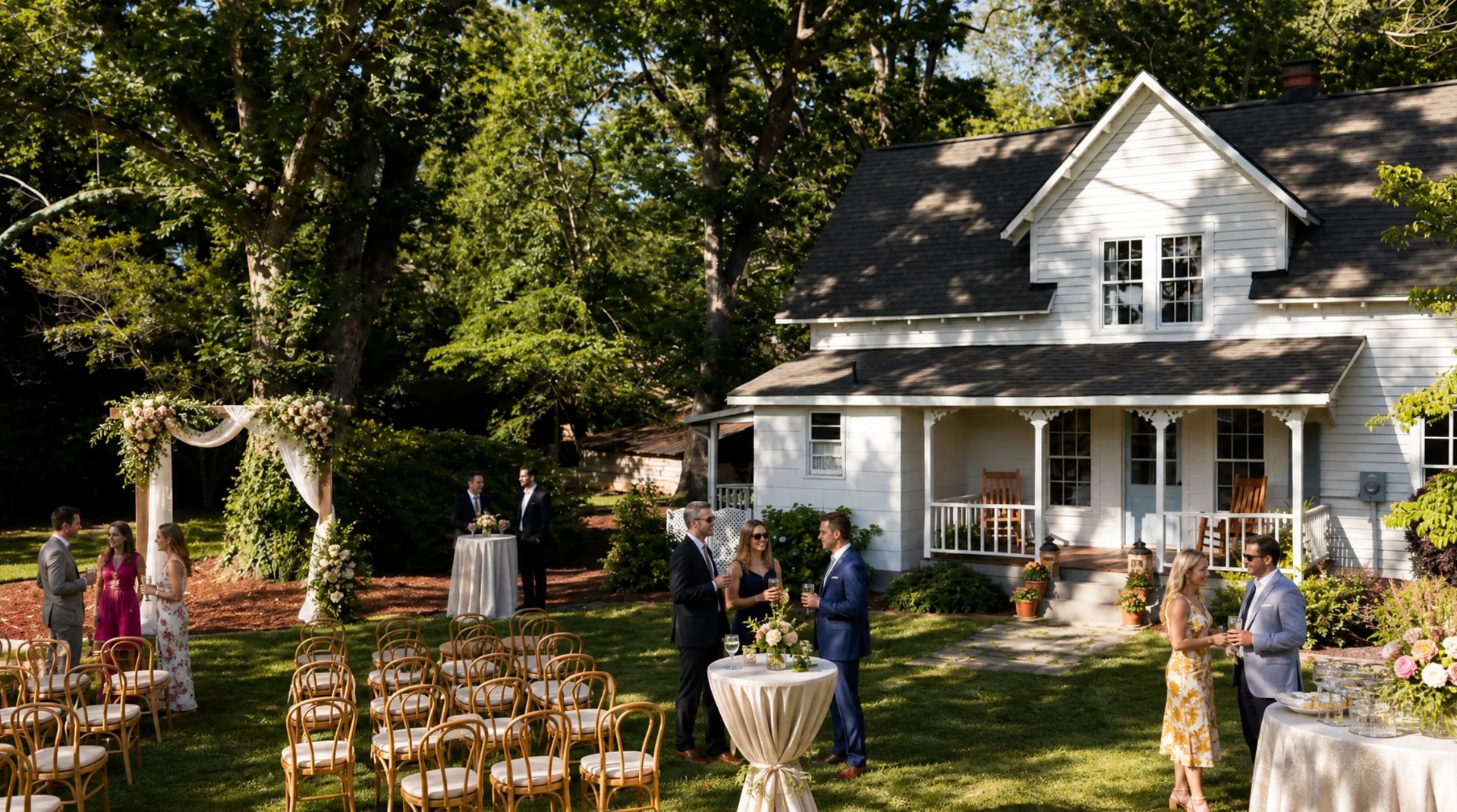 Outdoor wedding ceremony setup in front of a white farmhouse with rows of chairs, floral arch, and guests gathered on the lawn